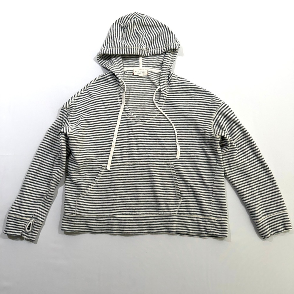 Max‎ Studio Weekend Hoodie Striped Thumbhole V-Neck Black White Womens Medium